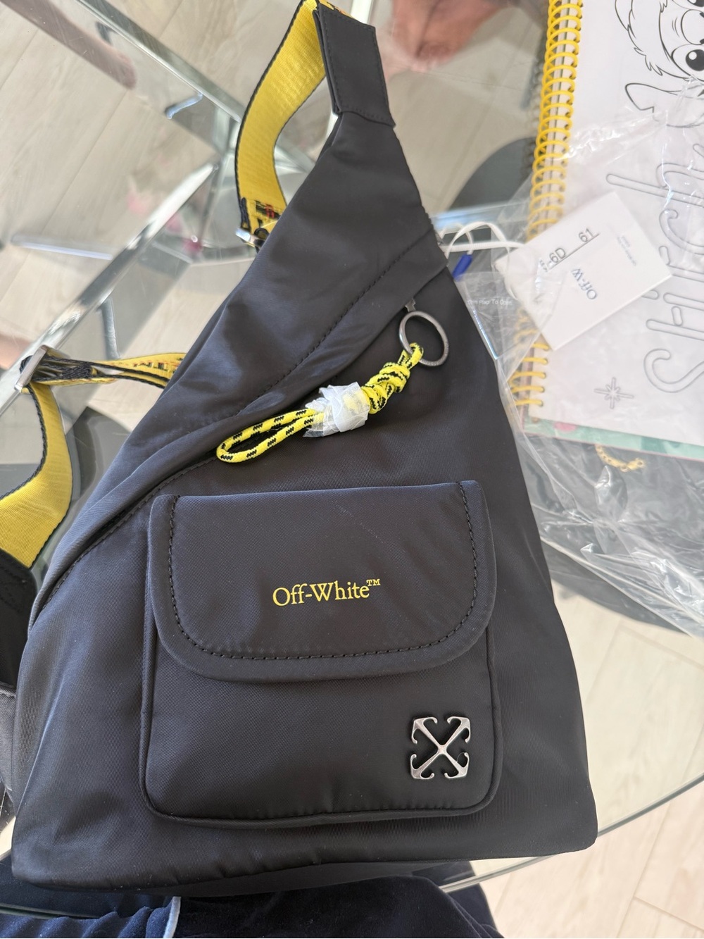Off-White Black Sling Bag with Yellow Accents